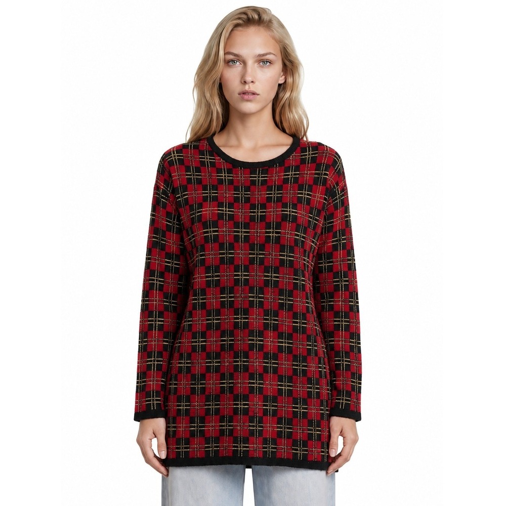 Lauren Knitwear Corp Plaid Sweater Women's Red Black Metallic Vintage USA